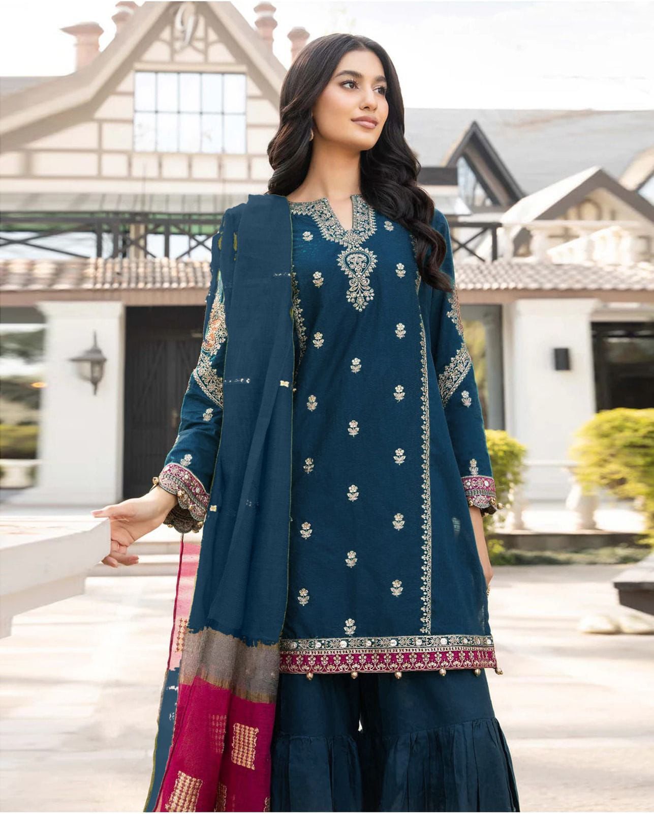 MARIA.B BLUE DHANAK EMBROIDERED 3 PCS