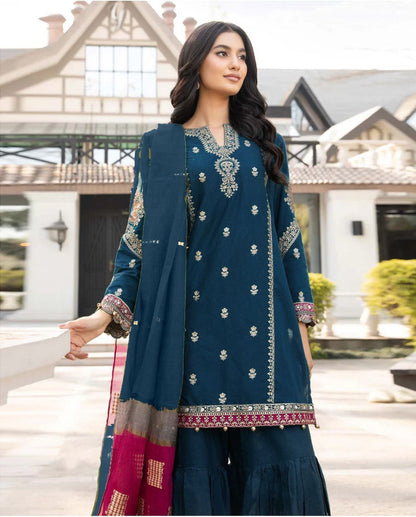 MARIA.B BLUE DHANAK EMBROIDERED 3 PCS