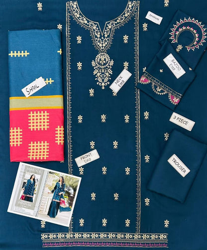 MARIA.B BLUE DHANAK EMBROIDERED 3 PCS