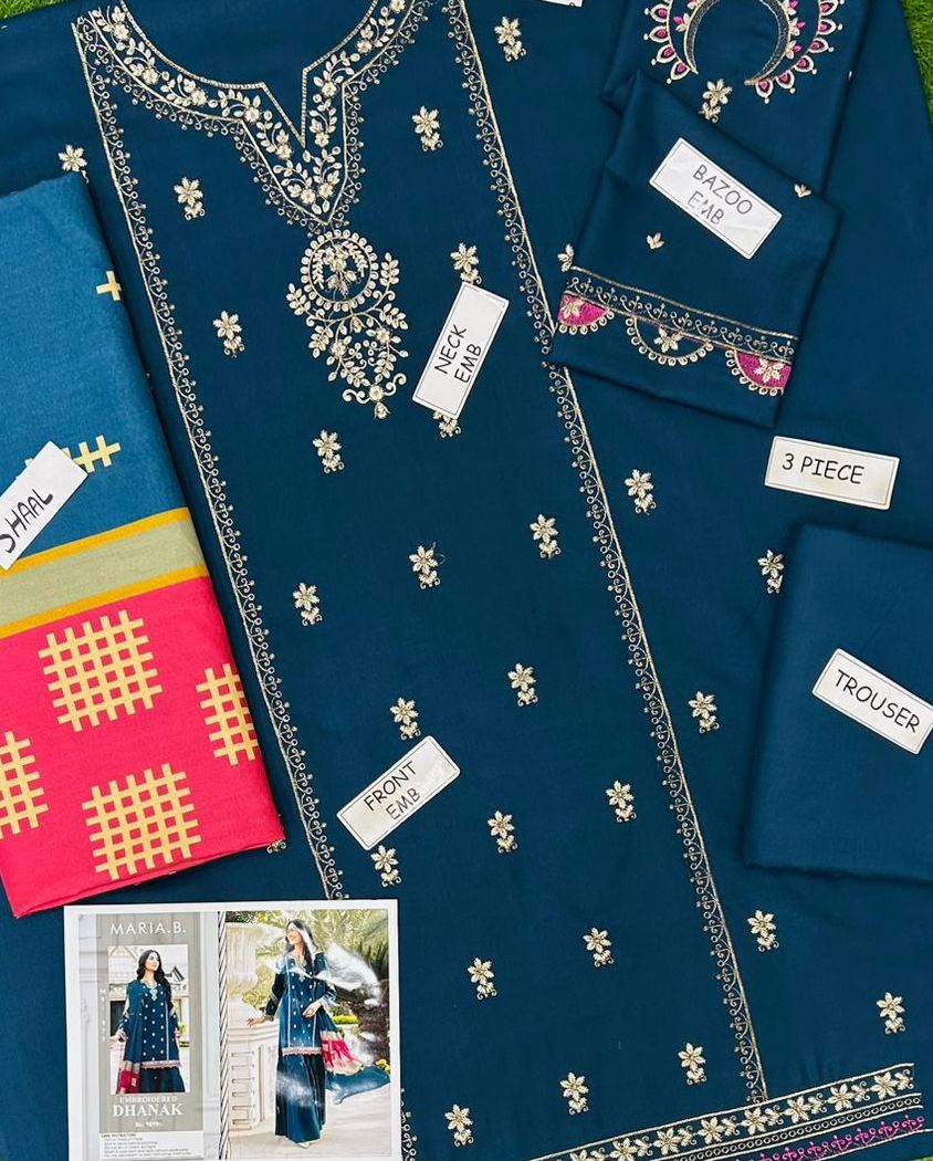 MARIA.B BLUE DHANAK EMBROIDERED 3 PCS
