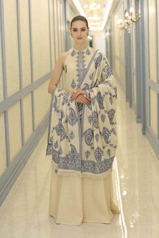 BAREEZE Premium Dhanak Embroidered 3 PCS Off white