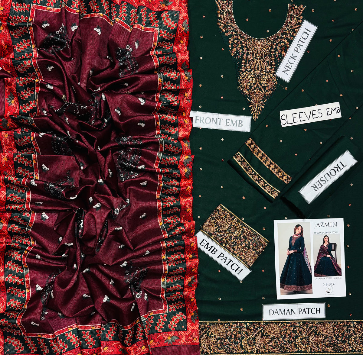 JAZMIN DHANAK  EMBROIDERED 3PCS