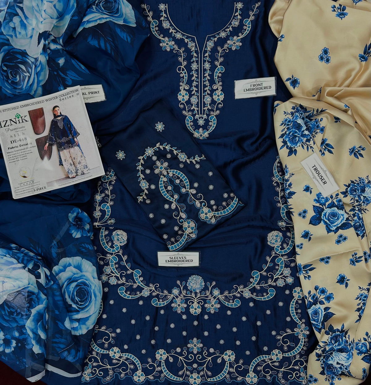 IZNIKLUXURY SILK EMBROIDERED BLUE 3 PCS