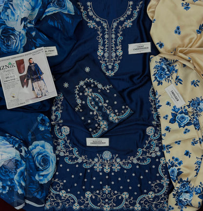 IZNIKLUXURY SILK EMBROIDERED BLUE 3 PCS