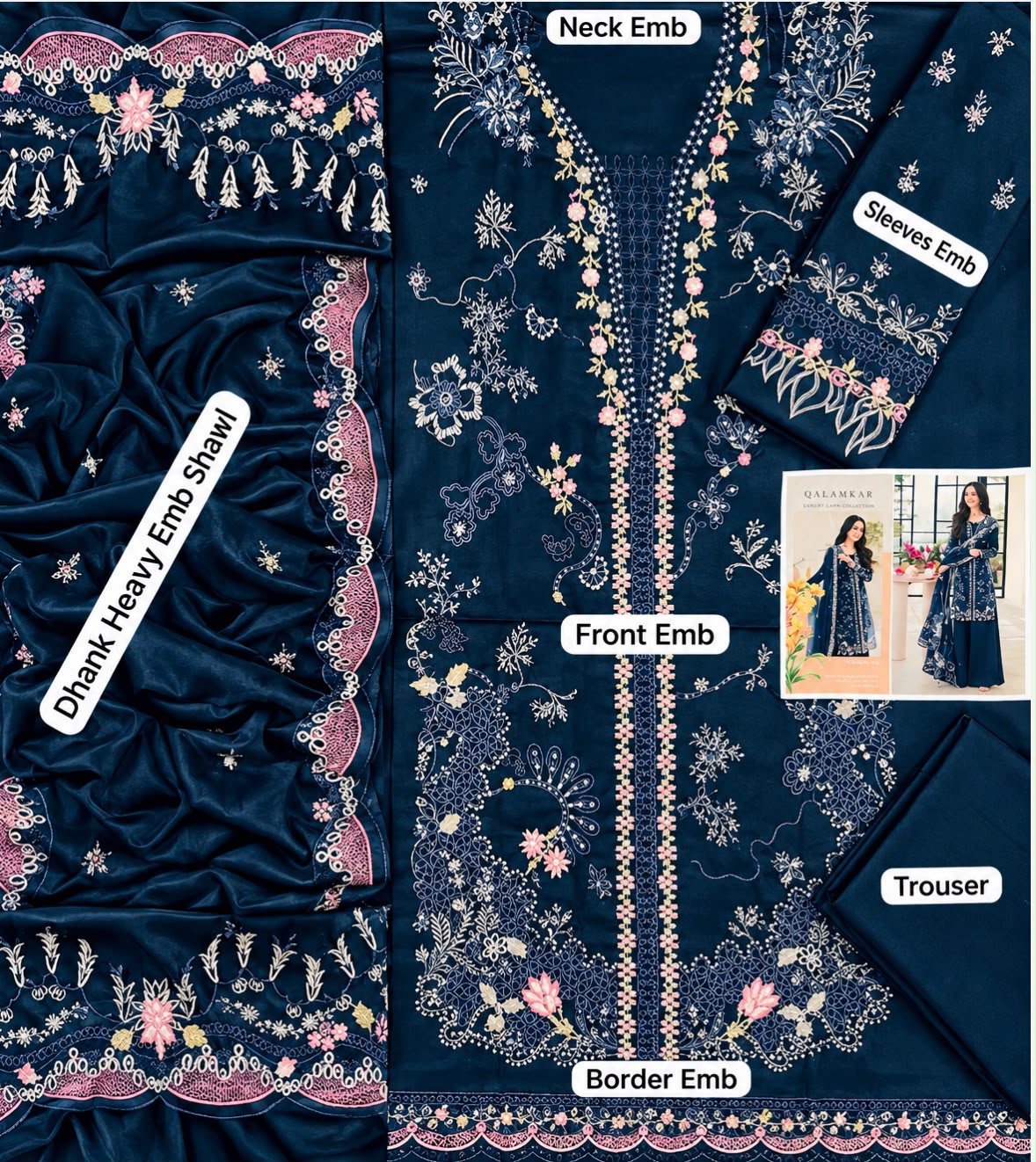 QALAMKAR DHANAK  EMBROIDERED 3 PCS